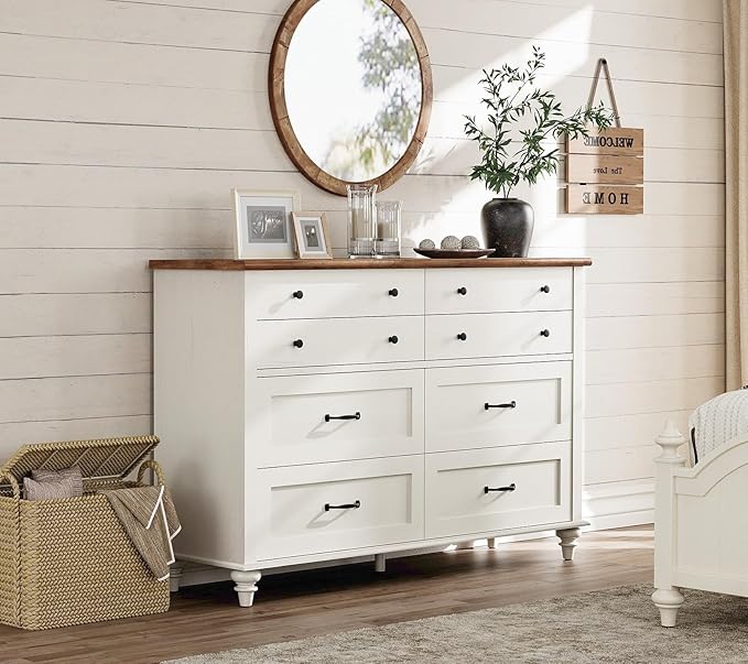 WAMPAT Kids Dresser for Nursery with 8 Drawers, Off White Baby Dresser for Kids Room, Wide Wooden Chests & Dressers for Bedroom, Distressed Mid Centuy Storage Organizer for Child’s Room, 54 Inch