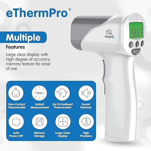Elepho eTherm Pro Medical Quality Non-Contact IR Forehead Thermometer for Family or Office Use. Instant Body, Object, or Liquid Readings. Large LCD Display. 32 Memory Readings