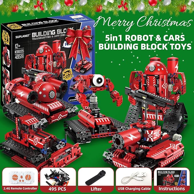 STEM Robot Toys for Kids Ages 8-14, 5-in-1 Remote Control and APP Programmable Robot Toys - 495 Pcs DIY Building Science Educational Kit, Building Block Birthday Present for Teen Boys Girls