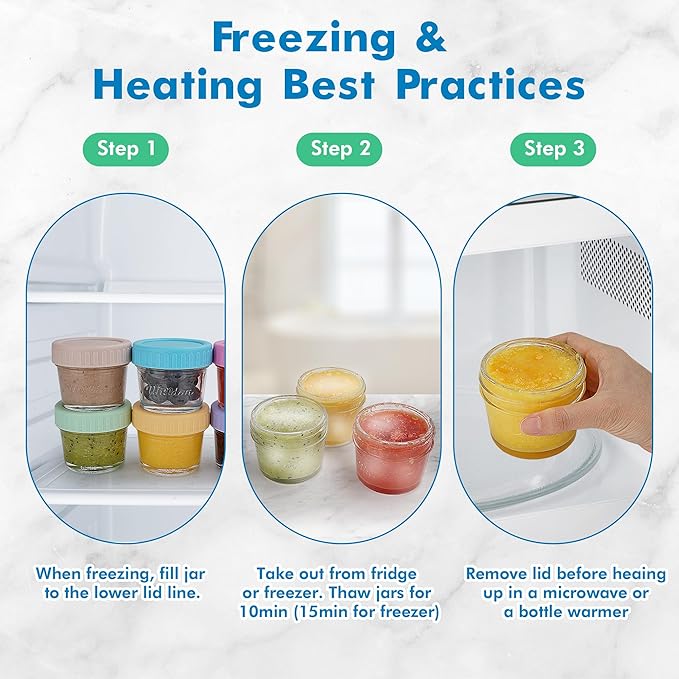 WILLDAN Glass Baby Food Storage Jars w/Lids (4 oz, 6 Pack Set) Snack, Puree, Reusable Small Containers, Breast Milk, Fridge or Freezer, Microwave & Dishwasher Safe, Essential Must Have for Infants