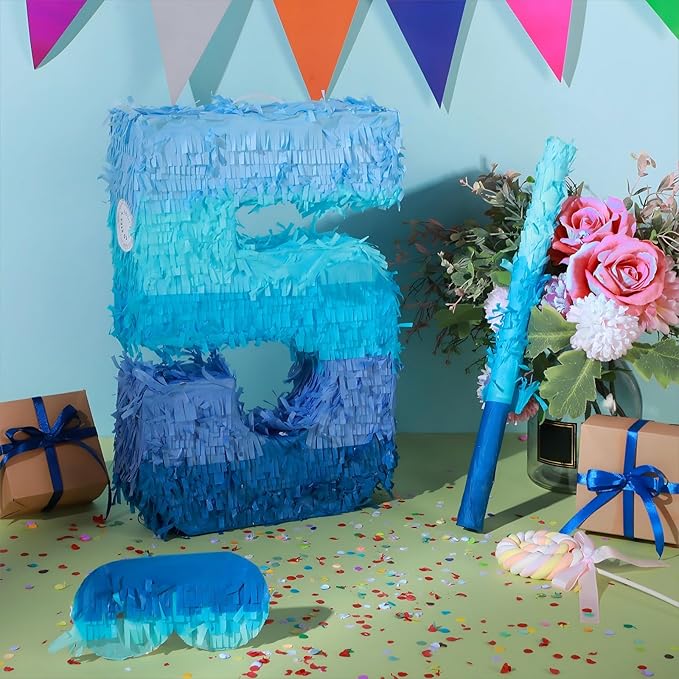 Sratte Number 1 2 3 4 5 6 7 8 9 Piñata with Stick Blindfold Confetti, Gradient Blue Piñata for Kids Boys Girls Birthday Party Anniversary Decorations Supplies(Number 5)