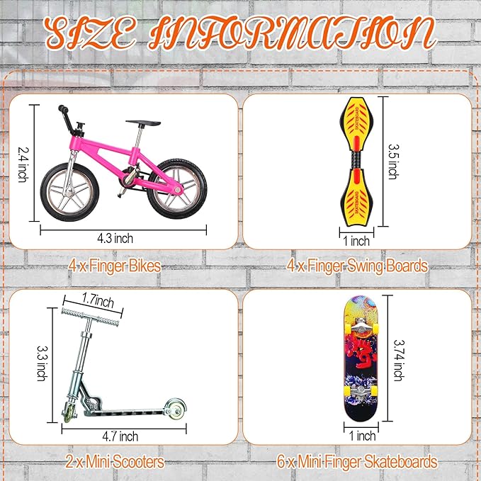 Skylety 31 Pieces Mini Finger Toys Set for Boy Girl Includes 6 Finger Skateboards, 4 Bikes, 2 Mini Scooters 4 Swing Board 8 Matched Wheels 7 Tool Accessories Educational Toy Party Favor(Fun)