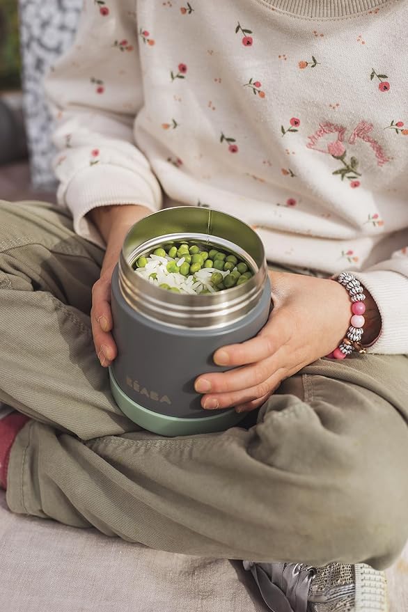 Beaba Stainless Steel Insulated Food Jar 10 oz, Kids Thermos, Lunch Containers, Leakproof, Wide Opening, Suitable for Hot and Cold Foods (Sage)