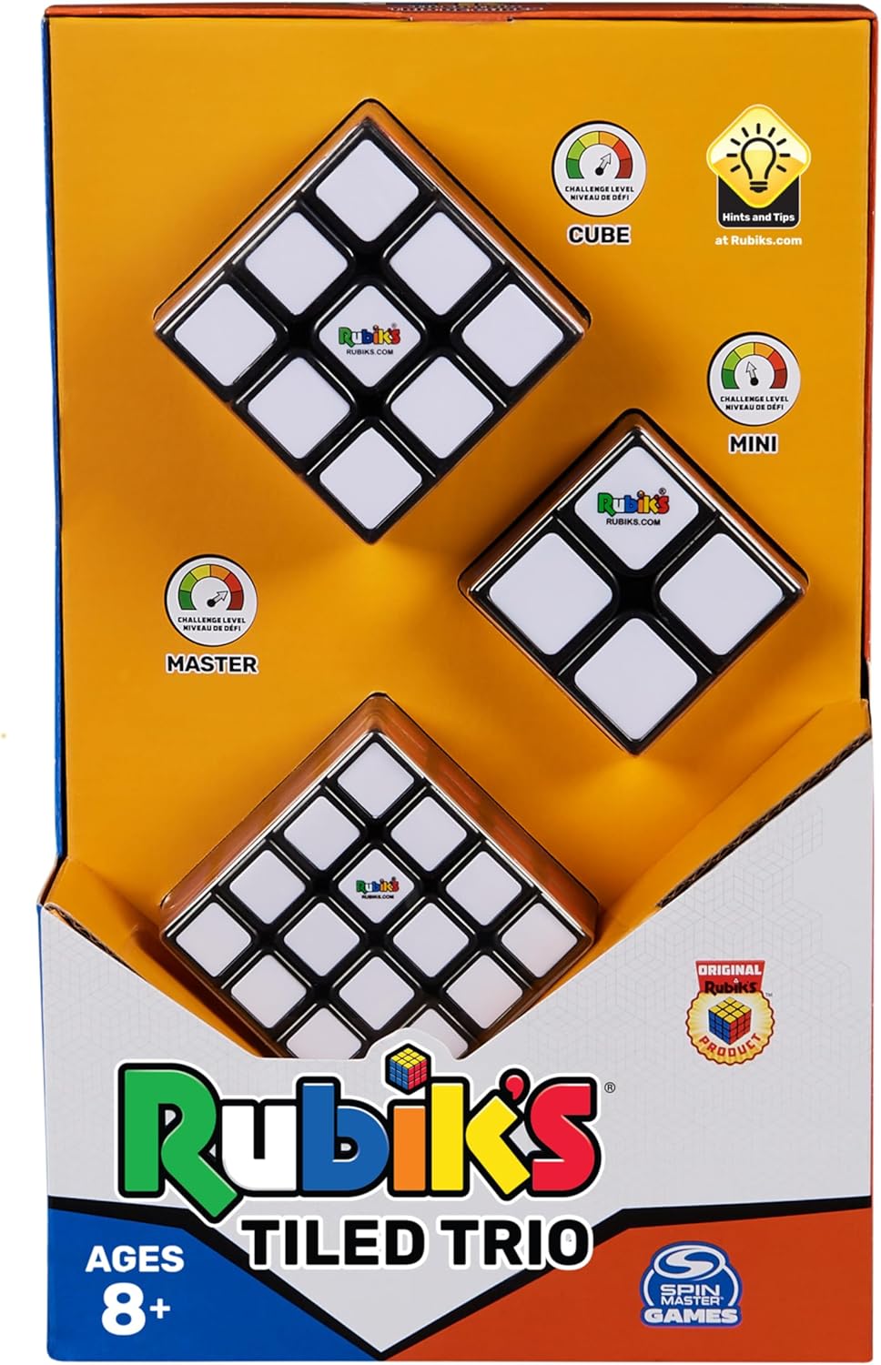 Rubik’s, Tiled Trio Bundle 2x2 Mini 3x3 Cube 4x4 Master 3D Puzzle Game Stress Relief Fidget Toy Travel Gift Set, for Adults & Kids Ages 8 and up
