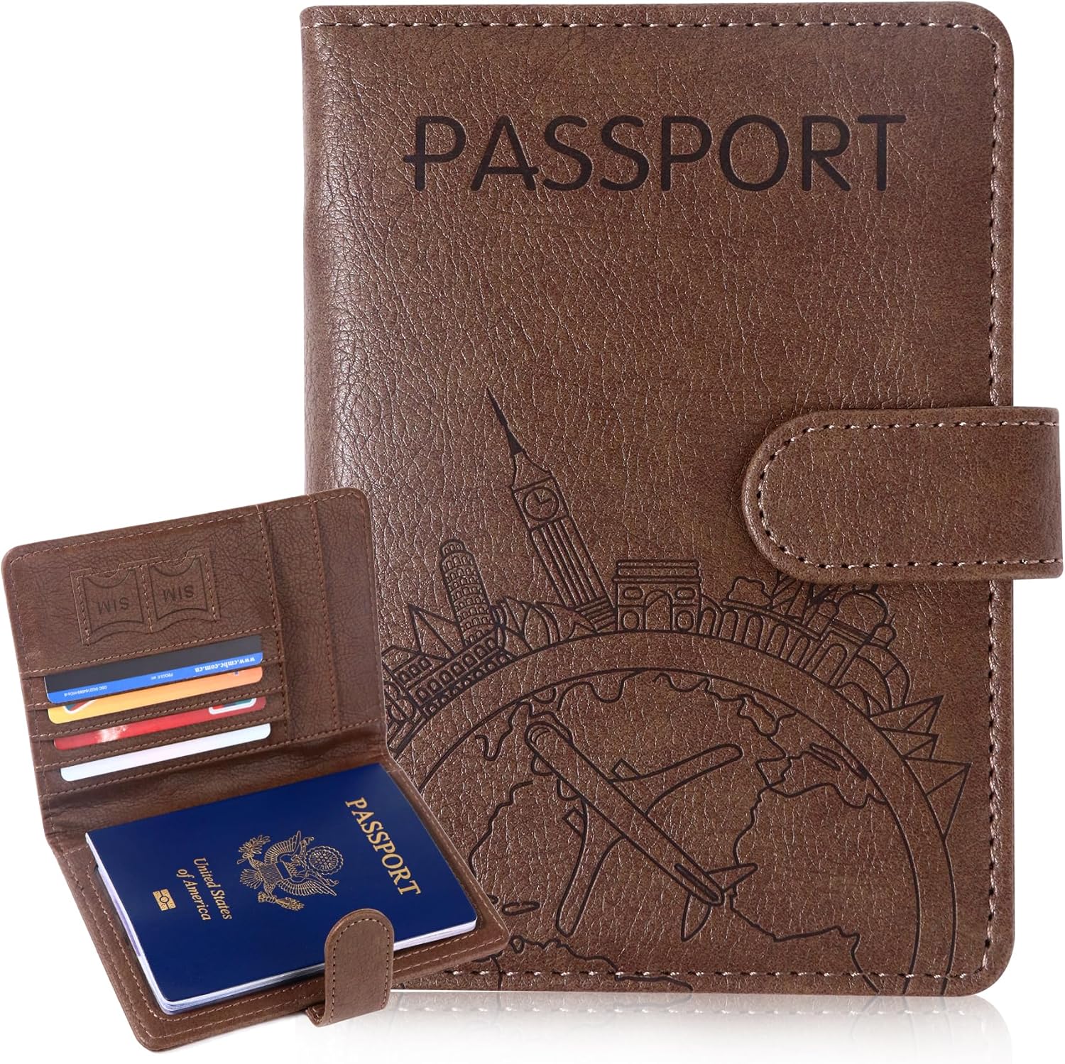Passport Holder and Card Slot Combo RFID Blocking Leather Family Travel Passport Wallet Travel Accessories for Men Women US Passport Cover (Travel Coffee color)