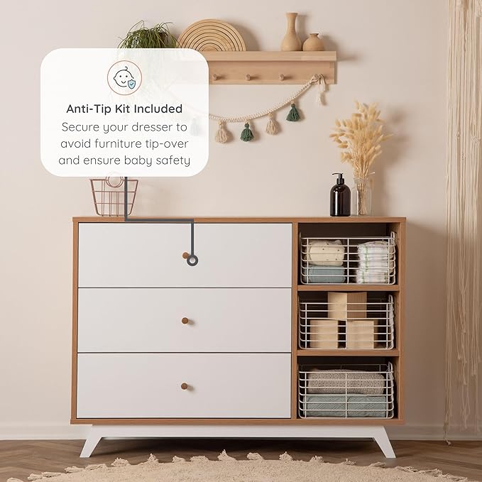 dadada Central Park 3-Drawer Dresser with Open Shelving - Modern Design, Baby-Safe Finish, Forged Steel Support, Sturdy Wood Legs, for Nursery, Kids or Teen Room, 47” Wide (White+Red Oak)
