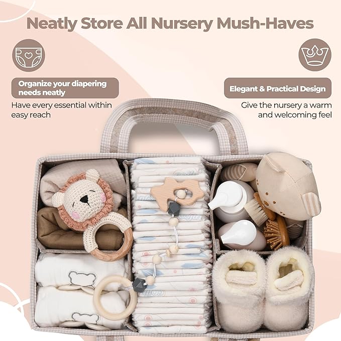 PeraBella XL Diaper Caddy Organizer With Handle, Baby Shower Gifts Basket Bag, Registry Search Must Haves Items, Newborn Girl Boy Nursery Storage Organizer, Baby Bag Essentials, Car Diaper Caddy Cart