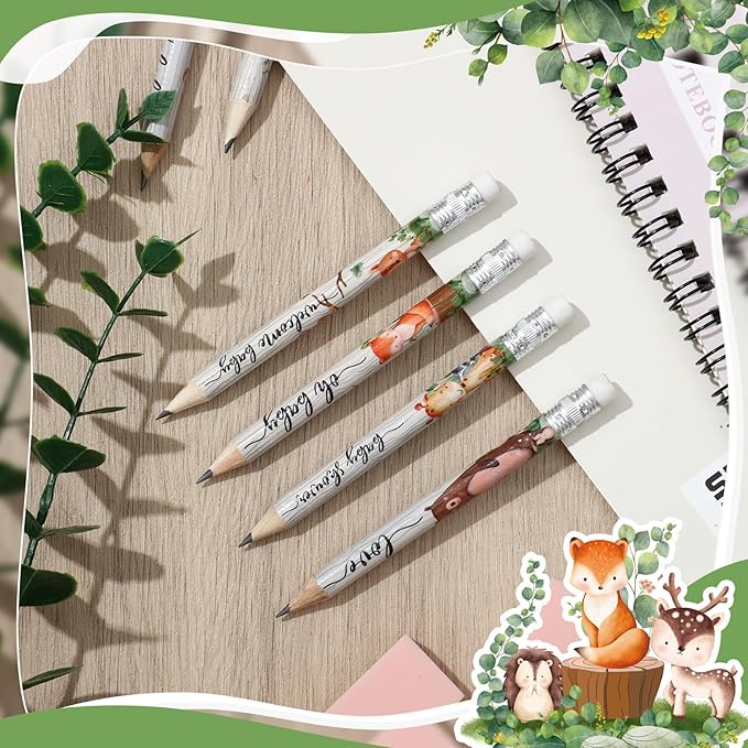 Tinlade 60 Pcs Wooden Animal Baby Shower Golf Pencils with Erasers Small Kids Sharpened Mini Pencils for School in Bloom Baby Shower Supplies