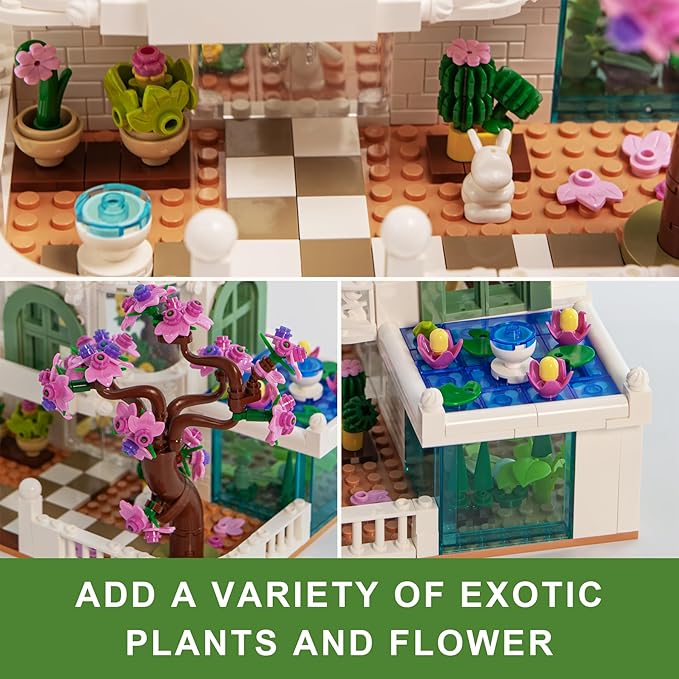 Botanical Garden Building Set, Flower Glass House Building Block Set with Luminous - 732 PCS Greenhouse Buiding Toy with Flowers Potted Plants Bunny Animals Model Xmas Gift for Adults Teens