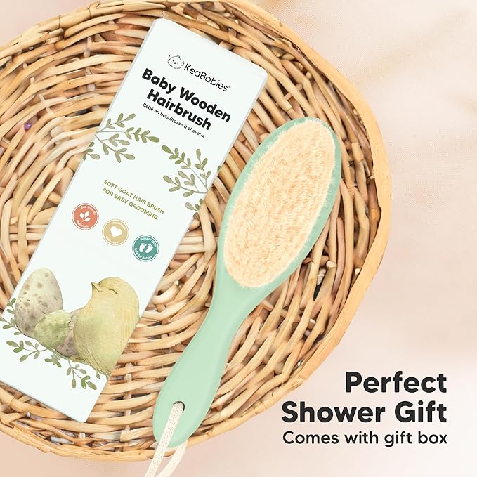 Wooden Baby Hair Brush - Cradle Cap Baby Brush with Soft Goat Bristles, Perfect Gentle Scalp Newborn Comb for Infant, Girls, Boys, Bath Essentials (Sage, Oval)