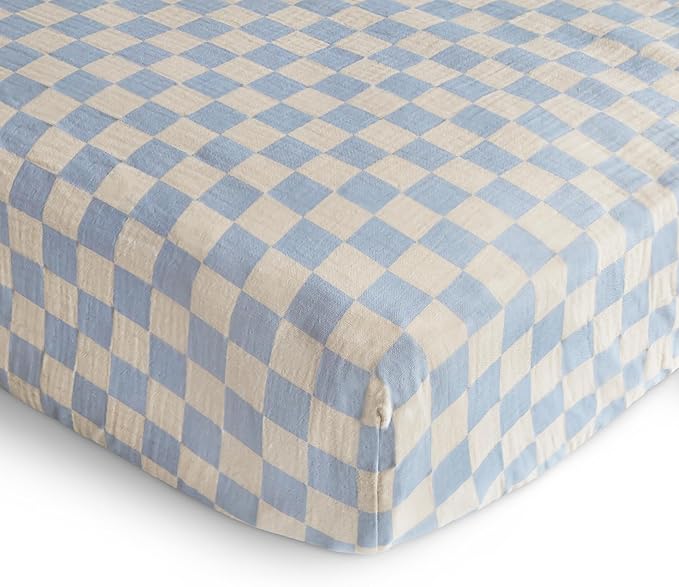 mushie Extra Soft Muslin Fitted Crib Sheet | 192 Thread Count | 28"x 52" (Blue Check)