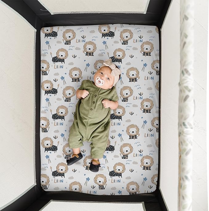 Pack n Play Sheets, BROLEX 2 Pack Mini Crib Sheets,Stretchy Portable Fitted Playard Sheet Set, Convertible Playard Mattress Cover,Ultra Soft Breathable Material,Dinosaur Lion