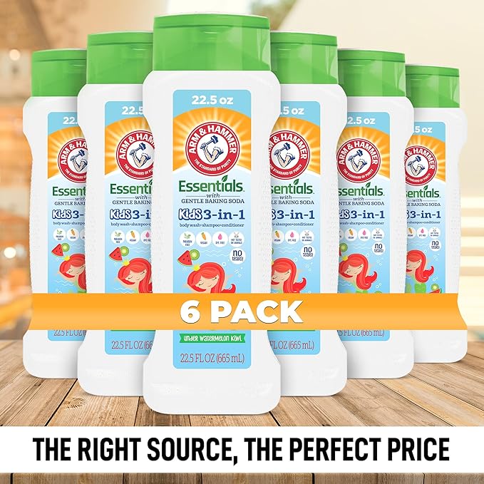 Arm & Hammer 6 Pack Essentials Kids Body Wash - 3-in-1 Watermelon Kiwi 22.5oz - Non Toxic Kids Shampoo and Body Wash And Conditioner
