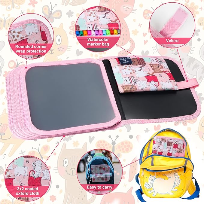 Erasable Doodle Set for Kids - Magic Drawing Book With 12 Watercolor Pens, 14 Page Reusable Book, Road Trip Car Game Writing Painting Set for Boys and Girls (Cat Pink)