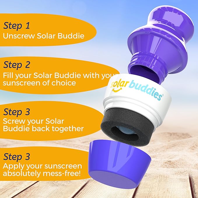Solar Buddies Bag Bundle & Carabina Clip - Full Purple - Refillable Roll on Sponge Sunscreen, Suncream & Lotion Applicator For Kids, Adults & Families - Holds 3.4fl oz, Perfect Size for Travel