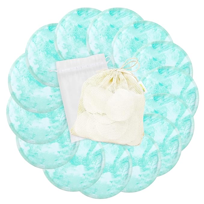 wegreeco Nursing Breast Pads (14 Pack) + Laundry Bag & Travel Storage Bag, 4.7 inch - Washable & Reusable Breastfeeding Nursing Pads (Plain Shape, Blue Wave, Large)