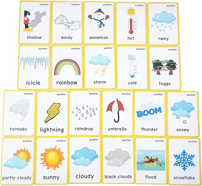 22 Weather Flash Cards(pre k flashcards) - Classroom Decorations and Early Learning Kindergarten Teacher Tools - Flash Cards Hole Punched - with 1 Ring -So You Can Sort and Organize The Cards Easily