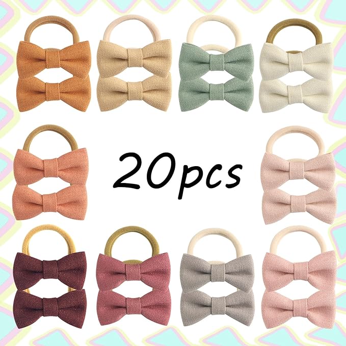 24-Pack Multicolor Linen Bow Hair Ties for Toddler & Infant Girls - Gentle No-Damage Elastic Ponytail Holders