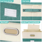 Large Linen Fabric Foldable Storage Bins with Removable Lid and Handles, Washable Storage Box Organizer Containers Baskets Cube with Cover for Bedroom,Closet,Office (Turquoise&Cream, Large)