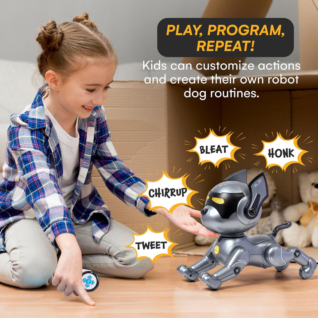 Top Race Robot Dog Toy - Interactive Fun and Educational STEM Remote Control Robot Toy for Kids - Dances, Sits, Stands, Barks, Walks - Rechargeable - Plastic Pet Robot - Dark Grey