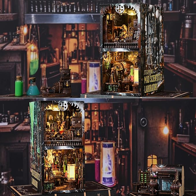 Book Nook Kit - DIY Miniature House Dollhouse Kit for Adults and Teens, Steampunk Booknook Tiny House Bookshelf Decor 3D Wooden Puzzle (Mad Scientist Lab)