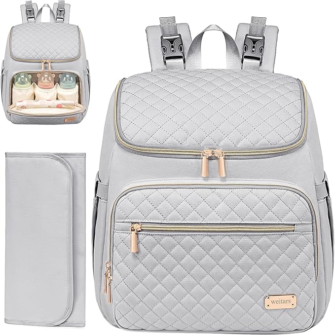 Weitars Diaper Bag Backpack Large Baby Diaper Bag with Changing Pad Travel Diaper Backpack,Baby Bag for Boys Girls,Stroller Straps,5 Insulated Pockets (Gray)