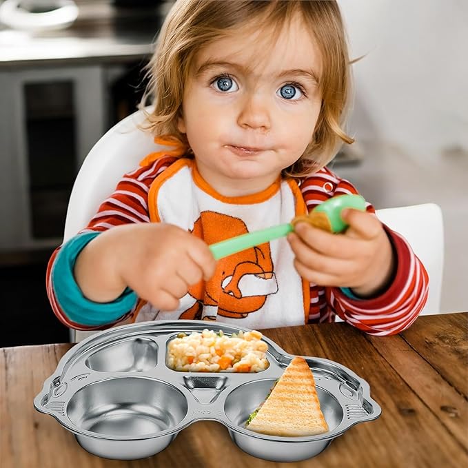 Stainless Steel Plates for Kids, Toddler Plate, Non Toxic Baby Dinnerware, BPA-Free Feeding Tray, Durable, Easy to Clean, Compatible with Dishwasher, Freezer, Microwave