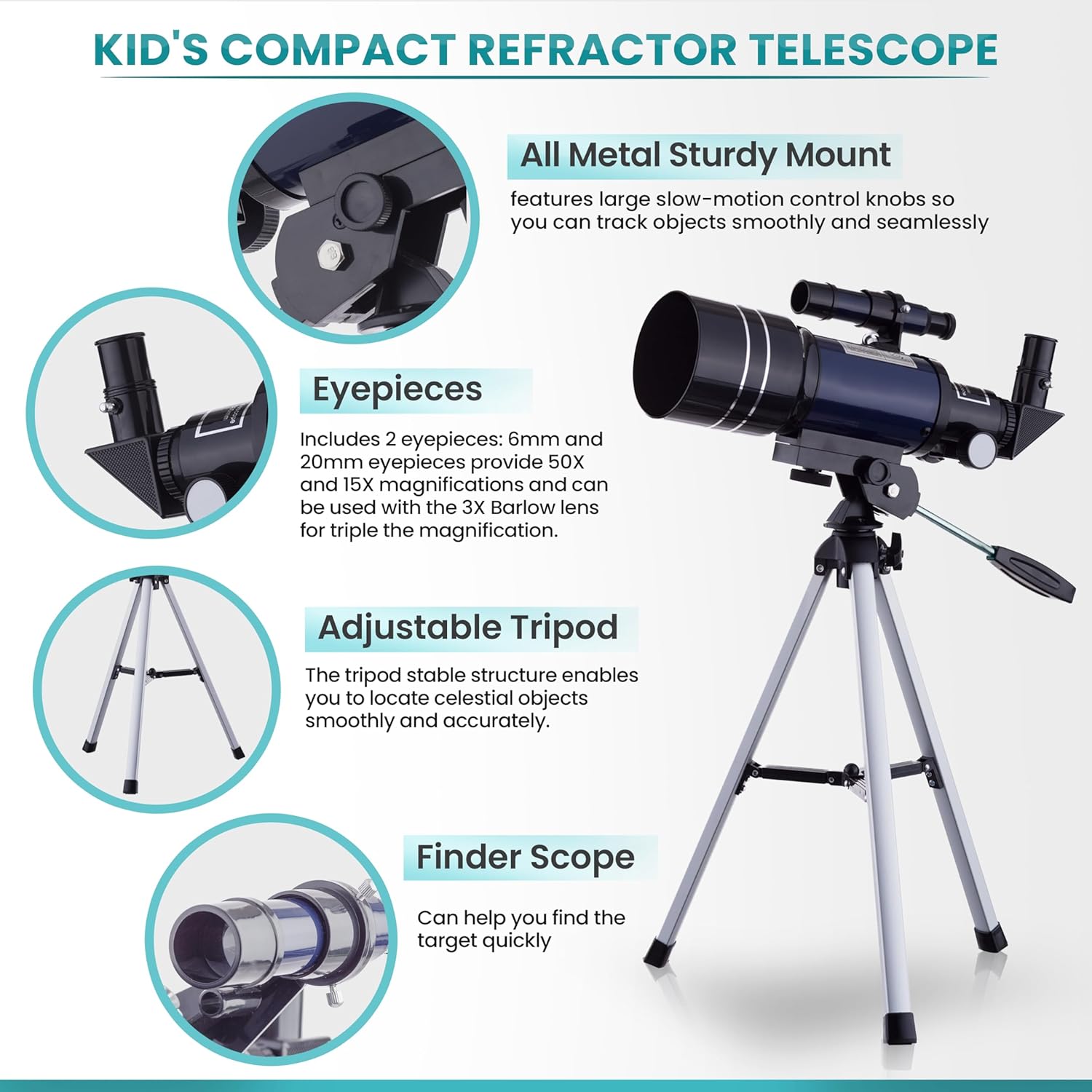 AMSCOPE-Kids 120X-1200X White Metal Arm Starter Kids Student Microscope Kit and Compact Refractor Telescope with Tripod - M30-ABS-KT2-W-TKVB1