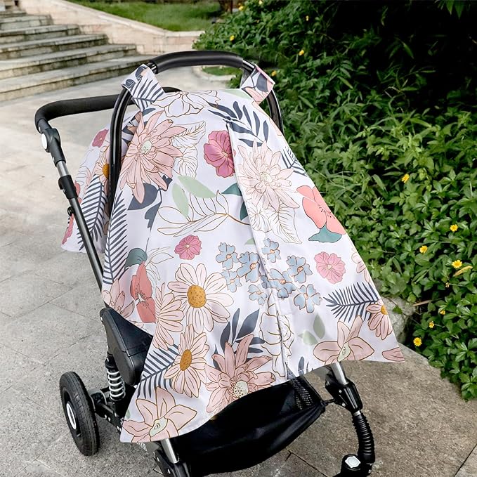 Car Seat Cover Baby, Infant Car Seat Canopy Covers for Newborn Girls Boys, Soft Breathable Minky Carseat Covers Stretchy Multi-Use Nursing Cover for Stroller Baby Car Seat, Daisy Flroal