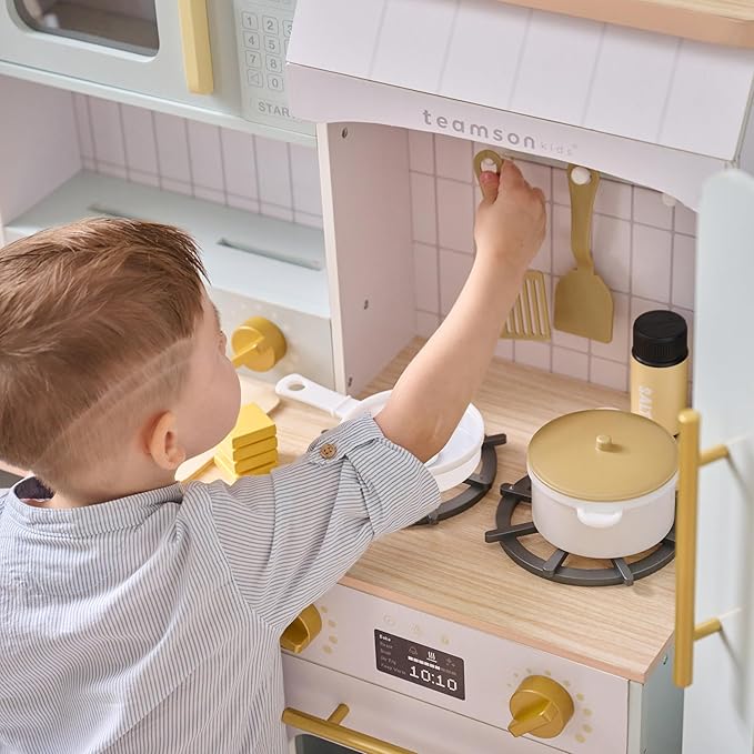 Teamson Kids Little Chef Savannah Wooden Montessori Pretend Play Kitchen for Toddlers Kids Ages 3+ Modular Three-Piece Set with Sink Cart Stove & Fridge for Boys and Girls Playset, Green