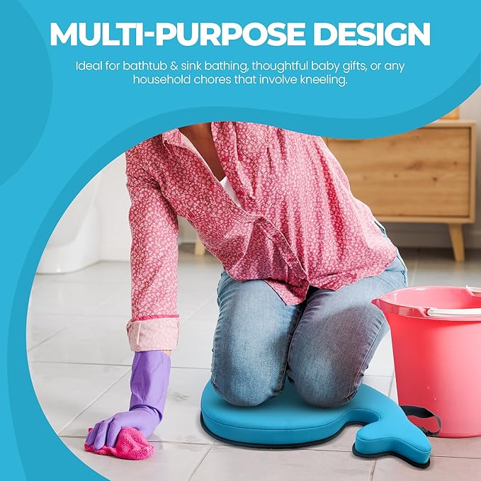 Whale Baby Bath Kneeler and Elbow Rest Set – Extra Thick Padded Cushion – Waterproof Non-Slip Mat with Storage Pockets – Bathtime Safety – Baby Shower or Registry Gift for Moms and Dads (Blue)