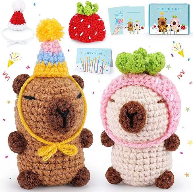 Crochet Kit for Beginners-2PCS Animals Brown and Beige Capybara Crochet Kit with Step-by-Step Video Tutorials, Stuffed Animal Knitting Kit for Adult Kids, Capybara Party Crocheting Kit for Birthday