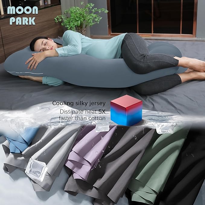 MOON PARK Pregnancy Pillows for Sleeping - U Shaped Full Body Maternity Pillow with Removable Cover - Support for Back, Legs, Belly, HIPS - 65 Inch - Grey - Cooling Cover