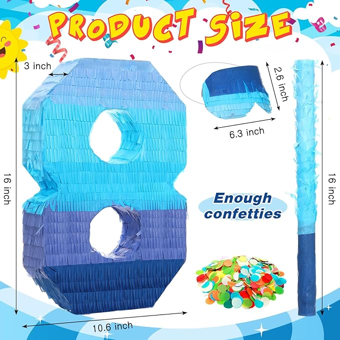 Sratte Number 1 2 3 4 5 6 7 8 9 Piñata with Stick Blindfold Confetti, Gradient Blue Piñata for Kids Boys Girls Birthday Party Anniversary Decorations Supplies(Number 8)