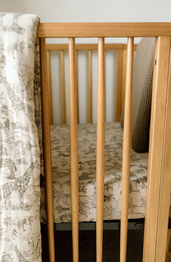 Oilo Crib Sheet, Breathable, Fitted, Organic Cotton Jersey, 300-Thread, Machine Wash, Fits Standard Crib (28" x 52" x 6"), Toddler Bedding, Heirloom Organic Collection, Vintage Safari