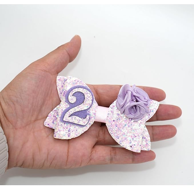 Birthday Hair Bow for Baby Girls 1 2 3 4 5 6 Years Sprinkle Decorations Party Hair Accessories for Two 2nd Birthday Purple Rose