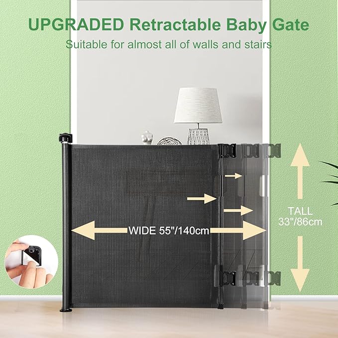 Retractable Baby Gate, Extra Wide Safety Kids or Pets Gate, 33” Tall, Extends to 55” Wide, Mesh Safety Dog Gate for Stairs, Indoor, Outdoor, Doorways, Hallways(33”x55”- Black)