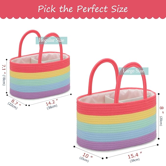 COMSE Large Baby Diaper Caddy Organizer for Girl Boy, Car Caddy with Handles, Cotton Rope Basket for Changing Table, Nursery Organizer, Gift for Baby Shower and Registry Must Have, Rainbow
