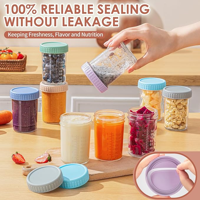 DRKIO 12 Pack Glass Baby Food Storage Containers - 8 Oz Baby Food Jars with Lids Baby Food Maker Microwave Dishwasher Freezer Safe 100% Leak Proof BPA Free Reusable
