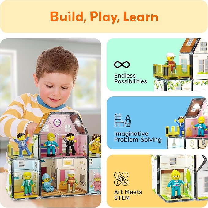 PicassoTiles Magnet Tile Building Block Family Homestead Doll House Theme Playset 8 Character Action Figures Double Sided Magnetic Tiles Printing STEM Education Learning Kit Toy Set Kids Ages 3+ PTQ06