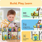 PicassoTiles Magnet Tile Building Block Family Homestead Doll House Theme Playset 8 Character Action Figures Double Sided Magnetic Tiles Printing STEM Education Learning Kit Toy Set Kids Ages 3+ PTQ06
