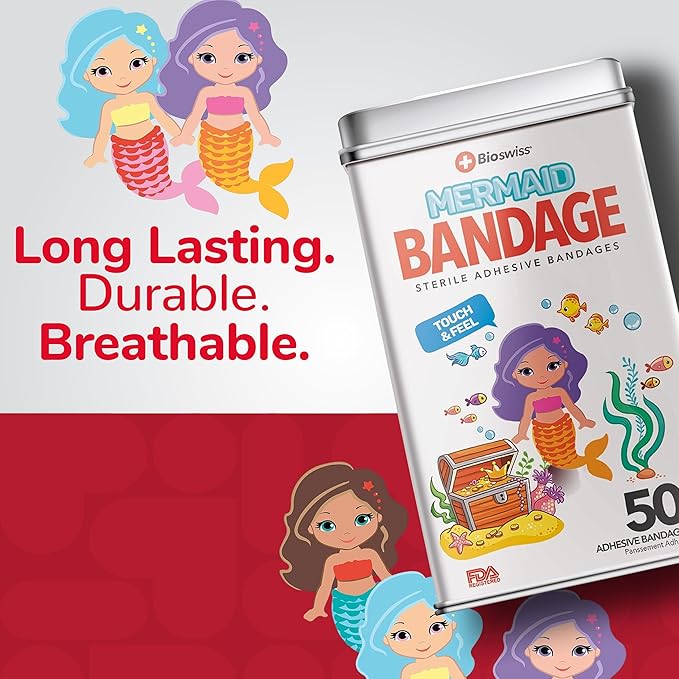 BioSwiss Bandages, Mermaid Shaped Self Adhesive Bandage, Latex Free Sterile Wound Care, Fun First Aid Kit Supplies for Kids, 50 Count
