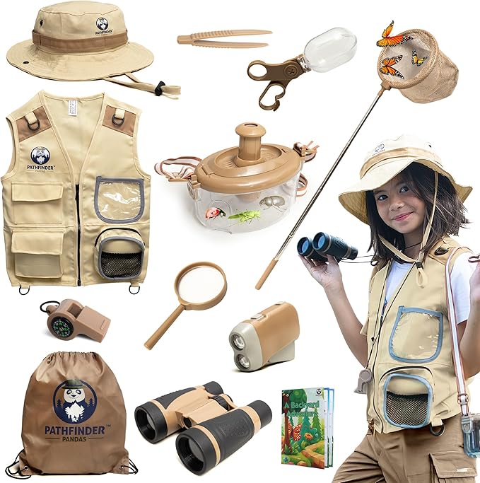 Kids Bug Catching Kit - Complete Explorer Kit with Safari Vest, Hat & More - Cute Dress-Up Safari Costume, or Zoo Keeper - Outdoor Explorer Set & Bug Toys for 3-7 Year Old Boys Girls + Adventure Book