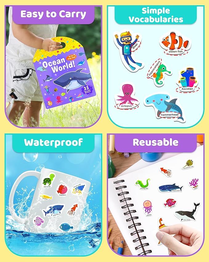Benresive Reusable Sticker Book for Toddlers 2-4 Years, Fun Travel Stickers for Kids, Waterproof Sticker Books for Toddlers 1-3, Crafts Activities for Todddlers 1-3 2-4 3-5 - Ocean World