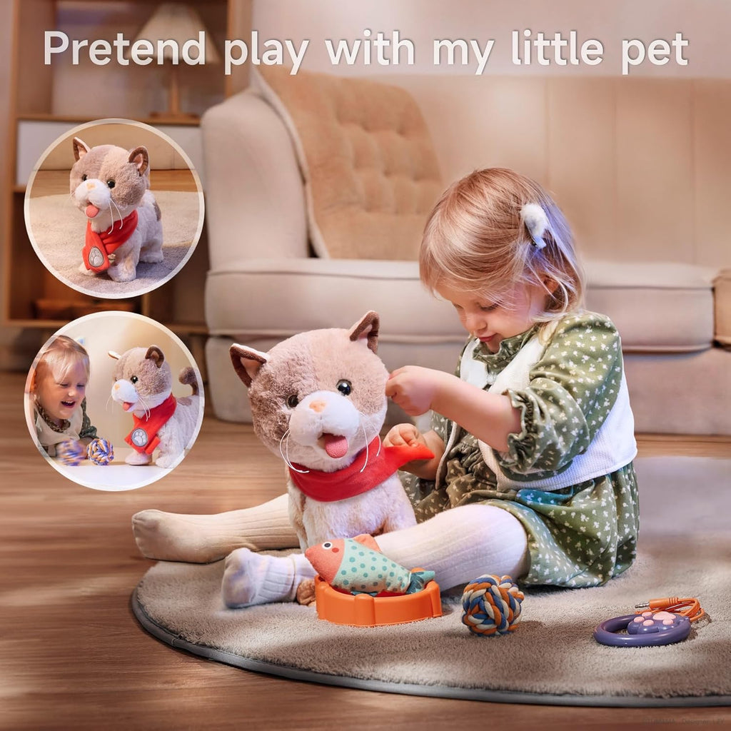 TUMAMA Toy Cat for Kids, Cute and Realistic Kitty Toy That Walks, Meows, Tongues Out and Wags Tail, Interactive Electronic Cat Plush Toy with Leash, Best Gift for Boys and Girls Ages 3 4 5 6 7