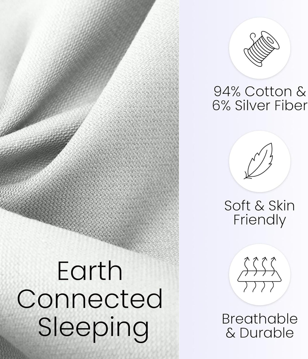 Hooga Grounding Sheet, Organic Fitted Grounded Sheet for Improved Sleep, Pain Relief - Earth Connected Bedding 60”x80”x15” Queen Size, Pure Silver Fiber and Cotton, Grounding Cord Included. Off White