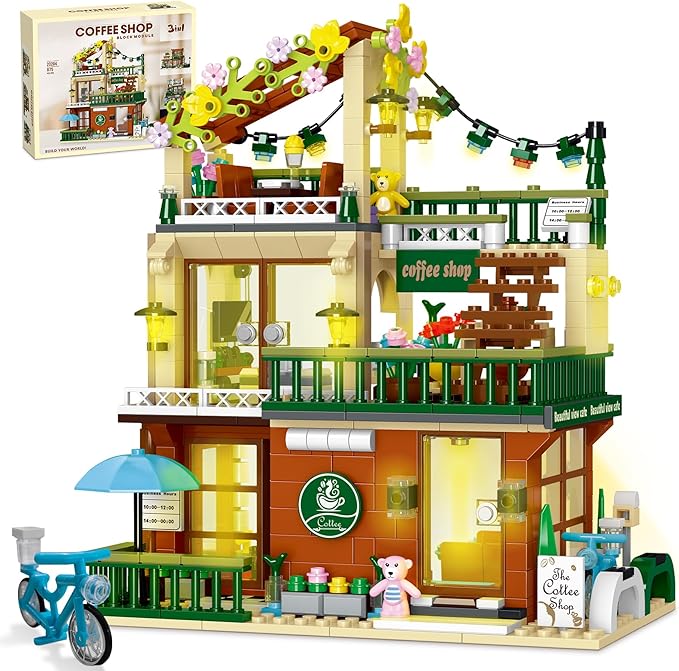 3 in 1 Coffee House Building Set with Light, 875 PCS City Cafe Shop Building Block Toy Architecture Construction Model for Adults Teens Kids Boys Girls Ages 8-12+