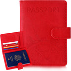 Passport Holder and Card Slot Combo RFID Blocking Leather Family Travel Passport Wallet Travel Accessories for Men Women US Passport Cover Protector (Travel red)