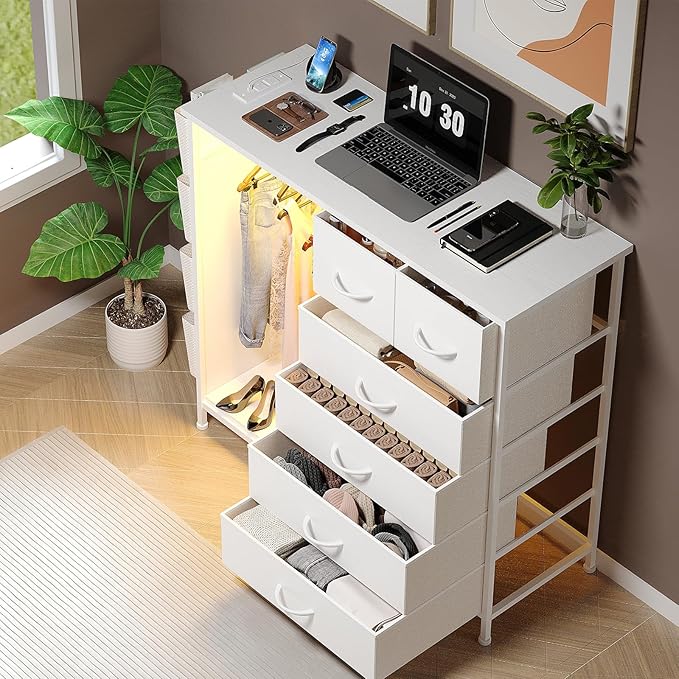 6 Drawer Dresser for Bedroom with Clothes Rack, Clothes Dresser with Side Pockets and Hooks, Charging Station & LED Lights, Wooden Top, Fabric Storage (White)
