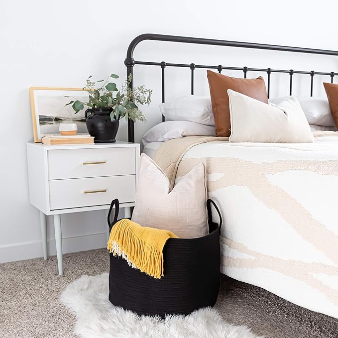 OrganiHaus Large Laundry Basket, Woven Cotton Rope Basket for Blankets, Toy Storage, Nursery Hamper, Living Room Decor Organizer, Soft & Durable Hamper with Handles, 20x13 inches - Black